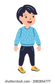 Illustration of standing smiling boy. Child in cartoon style. Image for school and kindergarten.