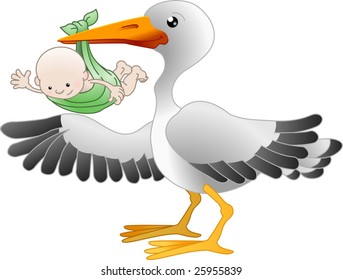 Illustration of a standing stork with a newborn baby pointing