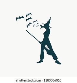 Illustration of standing young witch icon. Witch silhouette with a broomstick and flock of bats. Halloween relative image