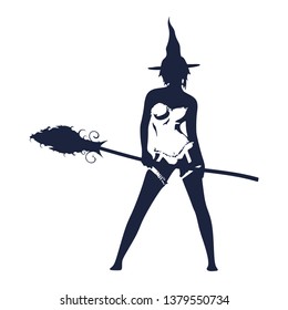 Illustration of standing young witch icon. Witch silhouette with a broomstick. Halloween relative image