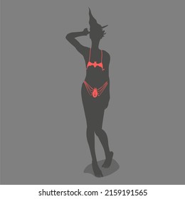 Illustration of standing young witch icon. Witch silhouette. Unusual underwear. Spider and bat shape of lingerie. Halloween fashion