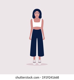 Illustration of standing young woman. Vector illustration in a flat style
