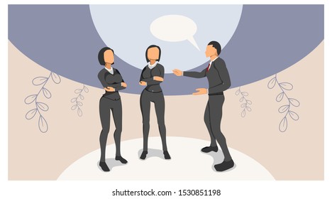 illustration stands a man in dialogue with two women. three people are arguing. speech buble visual communication template. the concept of three people discuss ideas. eps10 vector file