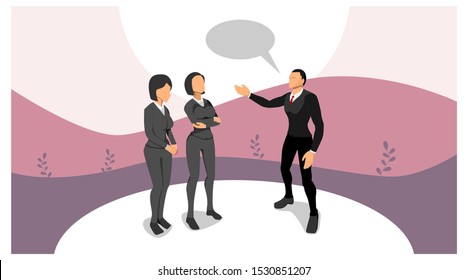 illustration stands a man in dialogue with two women. three people are arguing. speech buble visual communication template. the concept of three people discuss ideas. eps10 vector file