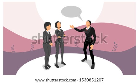 illustration stands a man in dialogue with two women. three people are arguing. speech buble visual communication template. the concept of three people discuss ideas. eps10 vector file