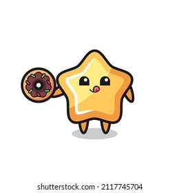 illustration of an star character eating a doughnut , cute style design for t shirt, sticker, logo element