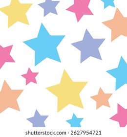 Illustration of star decoration in various colors and sizes on a white background. Suitable for use as wallpaper, wrapping paper, or stickers.