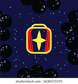 Illustration of a star emblem in a yellow and red badge surrounded by black orbs on a starry blue background