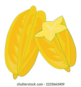 illustration star fruit with a shiny yellow color and star fruit that has been cut on the side