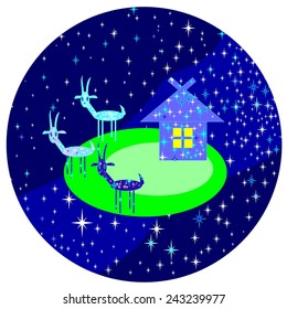 Illustration of star goats with a cottage in space 