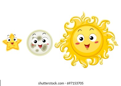 Illustration of a Star, Moon and the Sun as Sample of Bright to Brightest Glow Seen From Earth. Degree of Comparison.