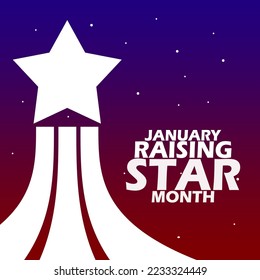 Illustration star over monument with bold text on dark blue to red gradient background to celebrate Rising Star Month on January