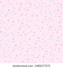 Illustration of star patterns on a pastel pink background for cute wallpaper, fabric, picnic blanket, card print, backdrop, kid clothes, garment, textile, duvet, curtain, pyjamas, gift wrap, packaging