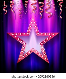 Illustration of a star shaped illuminated sign with light bulbs round it. Vector illuastration