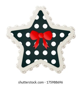 Illustration of a star shaped polka dot sewing patch lined with a lace trim and accented with a small red bow. Eps 10 Vector.