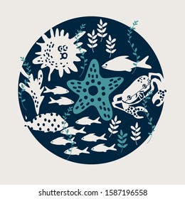 illustration with starfish, algae and fish, vector design for fabric.