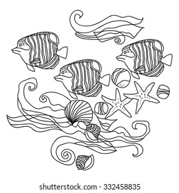 illustration; starfish; coral;fish;