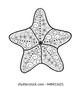 Illustration "Starfish " was created in doodling style in black and white colors.  Painted image is isolated on white background.  It  can be used for coloring books for adult, shirt design. 
