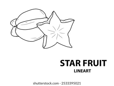 An illustration of a starfruit shows its bright yellow-green skin with distinctive ridges. Sliced open, the fruit reveals a perfect star shape, showcasing its juicy, translucent flesh.