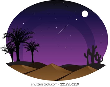 Illustration with Starry night over desert scenery beautiful night on the desert. desert landscape with a starry night sky, suitable for backgrounds, wallpapers, posters, banners and flyers.