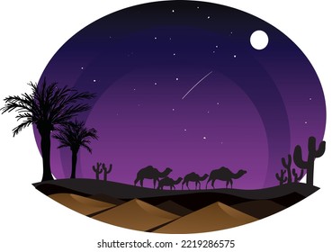 Illustration with Starry night over desert scenery beautiful night on the desert. desert landscape with a starry night sky,camels, suitable for backgrounds, wallpapers, posters, banners and flyers.