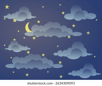 Illustration of a starry sky in the clouds. Magic of night nature. Moonlit night. Moonlit sky. EPS 10.
