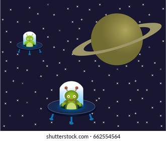 illustration of a starry sky with a planet and an alien saucer
