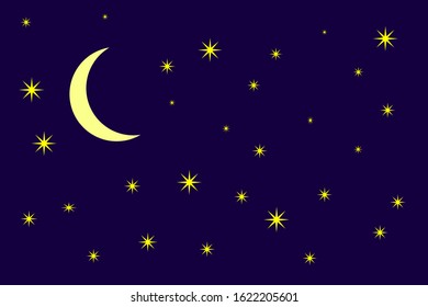 Illustration of a starry sky. vector month. stars and month. waning month. night background.
