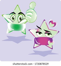 Illustration of Stars Emoji Wearing Green and Purple  Mask Combine Color, Thumb and Heart Gradient Style. Stock Vector Icon. Light Background.