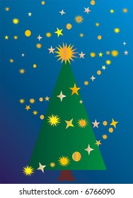 Illustration of stars falling on pine tree. Seasonal concept.  Suitable for greetings.