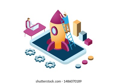 illustration of start-up using spaceship symbols, investment growth in online-based companies, teamwork management isometric illustration style
