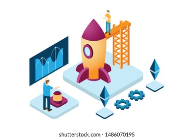 illustration of start-up using spaceship symbols, investment growth in online-based companies, teamwork management isometric illustration style
