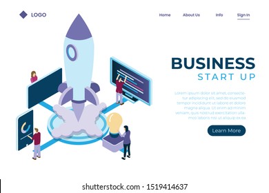 illustration of start-up using spaceship symbols, investment growth in online-based companies, teamwork management isometric illustration style
