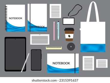 Illustration of stationery and gadgets on a shadowy gray background.
