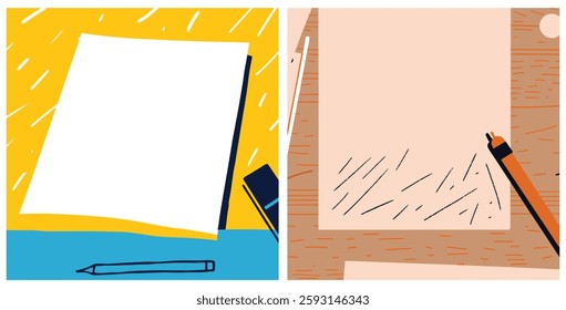 Illustration of Stationery Items with Blank Paper and Artistic Sketches.