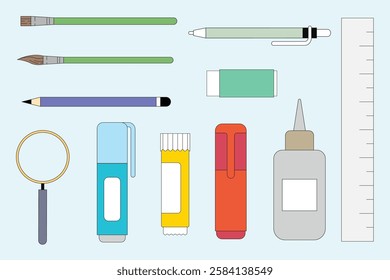 Illustration of stationery items: brushes, pen, pencil, eraser, ruler, magnifying glass, glue. Colorful stationery for art and office use. Vector element set.