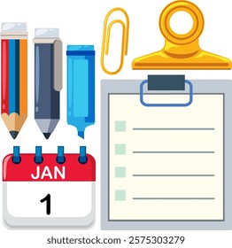 Illustration of stationery and January calendar