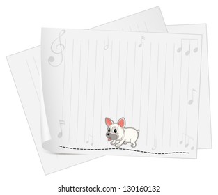 Illustration of a stationery with musical notes and a dog on a white background