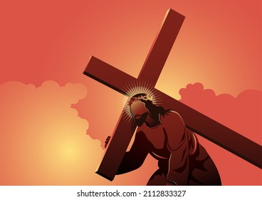 An illustration of Stations of the Cross, Jesus Christ takes up his cross. Biblical Series