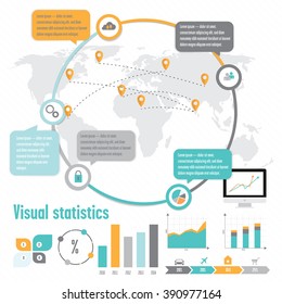Illustration of the statistics. Contains charts, data, indicators, icons, map of the world.