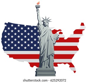 illustration of statue of liberty, american map and flag