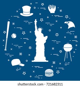 Illustration of statue of Liberty, eagle head, stars, hamburger, bat and ball for baseball, barbecue, baseball cap, hat arranged in a circle. Symbols of USA.