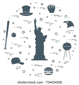 Illustration of statue of Liberty, eagle head, stars, hamburger, bat and ball for baseball, barbecue, baseball cap, hat arranged in a circle. Symbols of USA.