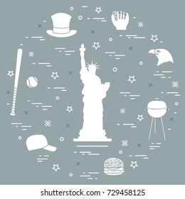 Illustration of statue of Liberty, eagle head, stars, hamburger, bat and ball for baseball, barbecue, baseball cap, hat arranged in a circle. Symbols of USA.