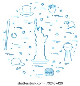 Illustration of statue of Liberty, eagle head, stars, hamburger, bat and ball for baseball, barbecue, baseball cap, hat arranged in a circle. Symbols of USA.