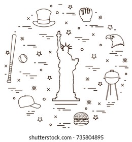 Illustration of statue of Liberty, eagle head, stars, hamburger, bat and ball for baseball, barbecue, baseball cap, hat arranged in a circle. Symbols of USA.