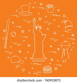 Illustration of statue of Liberty, eagle head, stars, hamburger, bat and ball for baseball, barbecue, baseball cap, hat arranged in a circle. Symbols of USA.