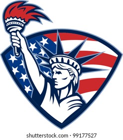 Illustration of the statue of liberty holding flaming torch set inside shield with American stars and stripes flag.