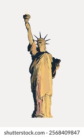 Illustration of the Statue of Liberty holding a torch and tablet. Iconic symbol of freedom and liberty. Statue of Liberty in a stylized artistic form. Vintage illustration isolated on white, vector.