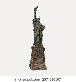 Illustration of the Statue of Liberty, iconic symbol of freedom. The Statue of Liberty stands tall. Classic Statue of Liberty image. Vintage art drawing illustration, painting art vector.